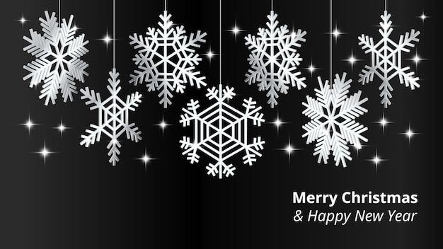 Eleganter hintergrund für weihnachten und neujahr mit glänzenden silbernen schneeflocken. vektor-illustration.