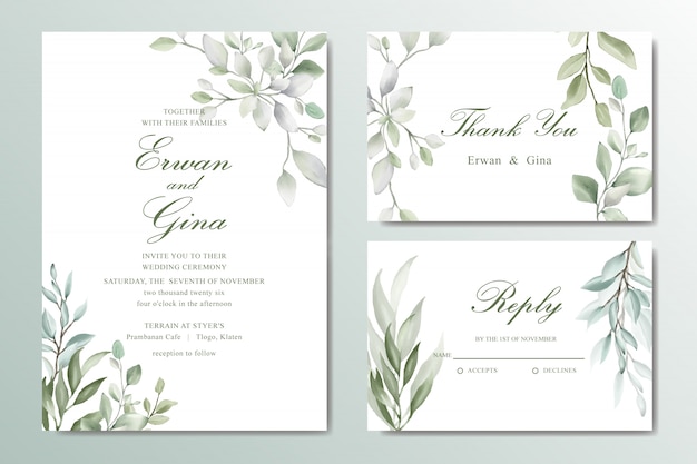 Eleganter Hochzeitseinladungskartensatz mit Aquarellblättern