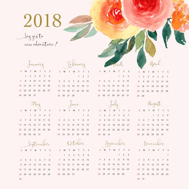 Eleganter kalender 2018 mit blumenaquarell