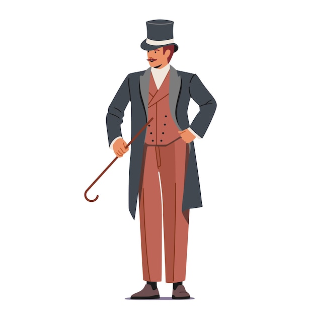 Vektor eleganter stolzer mann der viktorianischen ära. gentleman im gehrock, top hat hold cane in der hand, isolated on white background. modischer dandy schnurrbart aristokrat männlicher charakter. cartoon-vektor-illustration