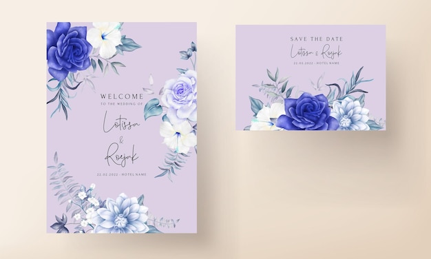 Elegantes blaues marineblaues und lila aquarellblumenhochzeitseinladungskartenset