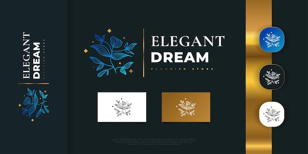 Elegantes blumen-logo-design in blau und gold mit linienstil. blumenlogo, kann für schönheits-, schmuck-, mode- und spa-branchen verwendet werden