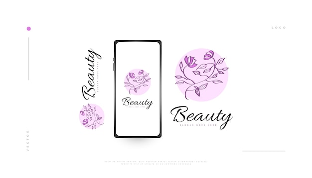 Elegantes blumen-logo-design mit minimalem linearem stil, geeignet für spa-beauty-schmuck-salon oder kosmetikmarke handgezeichnete florale oder botanische logo-illustration