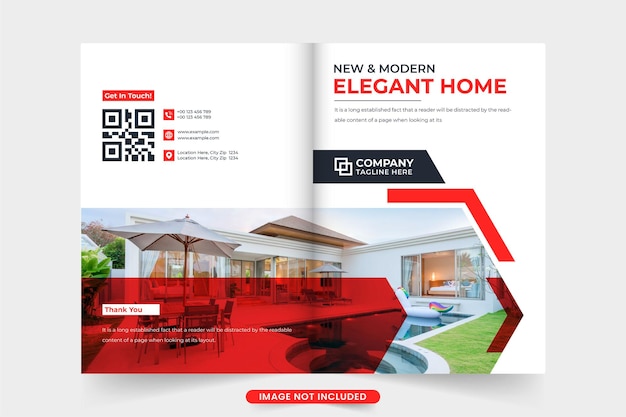 Elegantes Cover-Design für Werbemagazine für den Hausverkauf mit geometrischen Formen. Moderner Hausverkaufsbroschüren-Cover-Layout-Vektor. Cover-Vektor für Immobilienagentur-Broschüren mit Foto-Platzhaltern