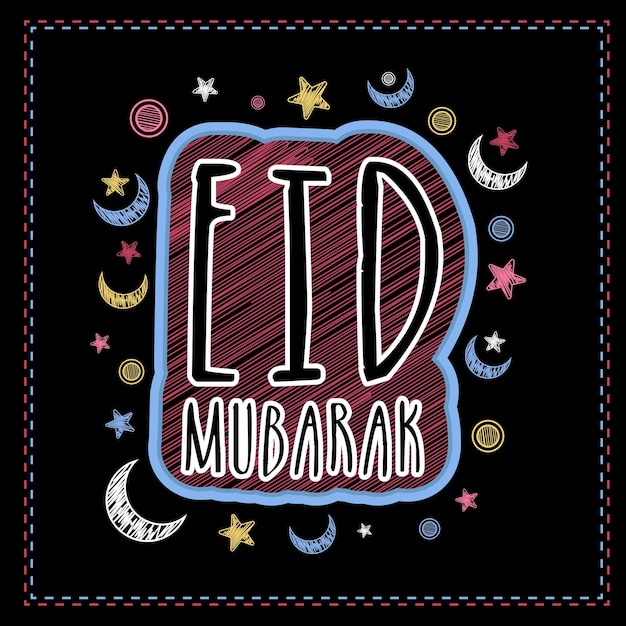 Vektor elegantes grußkarten-design mit stilvollem text eid mubarak auf farbenfrohen sternen und monden geschmücktem hintergrund