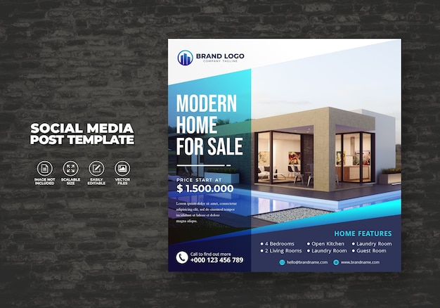 Elegantes modernes immobilienhaus zu verkaufen social media banner post & square flyer template