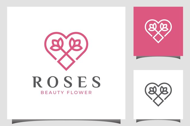 Elegantes modernes logo der liebesrose mit herz, blumenikonensymbol für dekoration, hochzeit, blumenpflegelogo