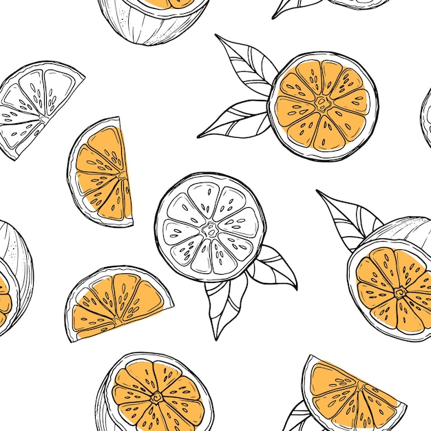 Elegantes und stilvolles nahtloses Muster mit Orangen und Blättern. Vektor-Textur-Illustration.