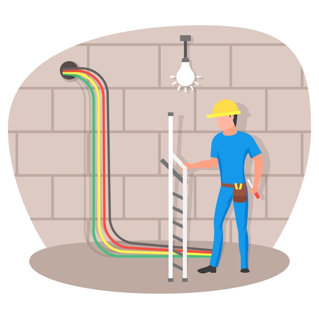Elektriker Professionelle Befestigung der Übertragungsleitung im Keller, die am Treppenhaus im Korridor arbeitet