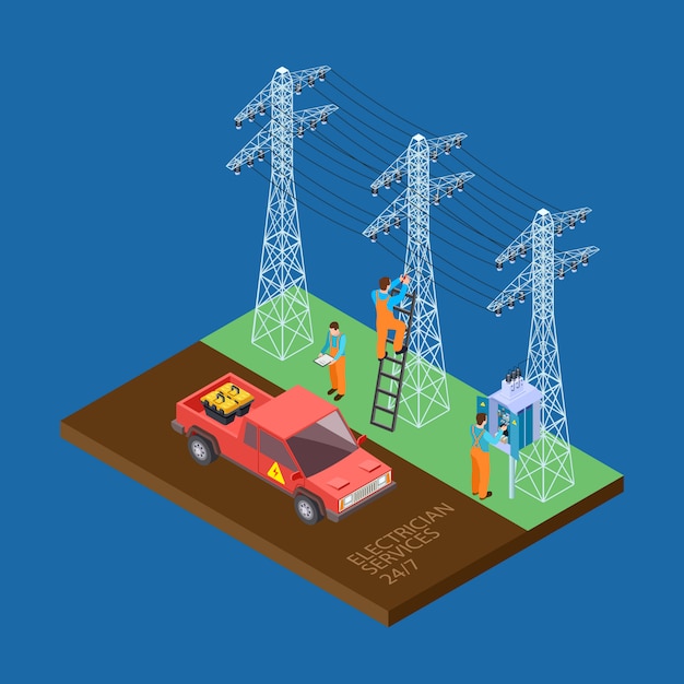 Vektor elektriker stadt dienstleistungen isometrische zusammensetzung