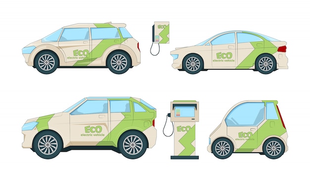 Elektrische autos. verschiedenes karikatur eco autoisolat