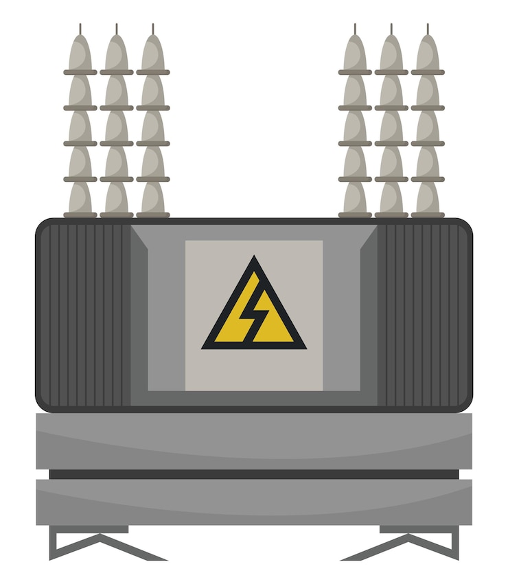 Vektor elektrischer hochspannungstransformator und isolator energieumspannwerk symbol für die stromversorgung isoliert auf weißem hintergrund für webdesign flache cartoon-illustration