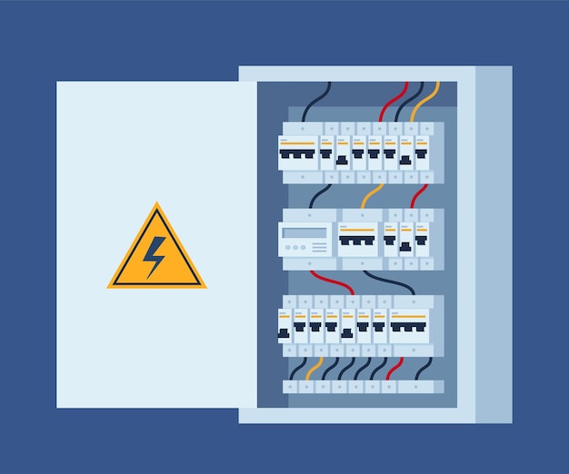 Vektor elektrisches paneel mit schaltern, sicherungskontaktor, draht, automatischer schaltkreis, edelstahl