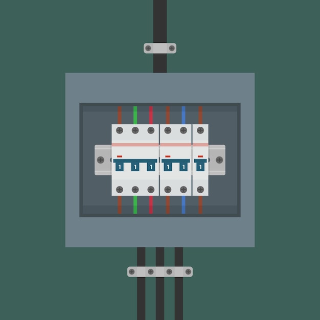 Elektrisches Schaltbrett mit Schaltknöpfen und schwarzen Kabeln