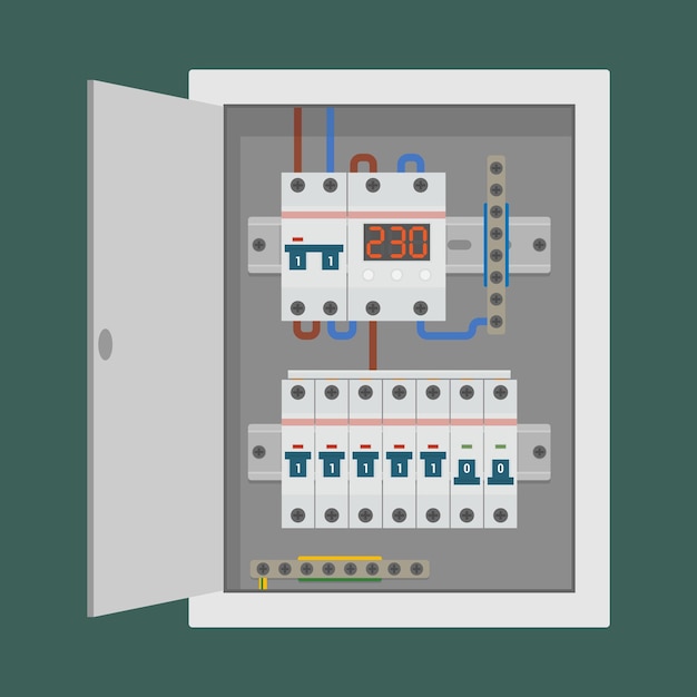 Elektrisches Steuerpult mit installierter Ausrüstung und angeschlossenen Leitungen