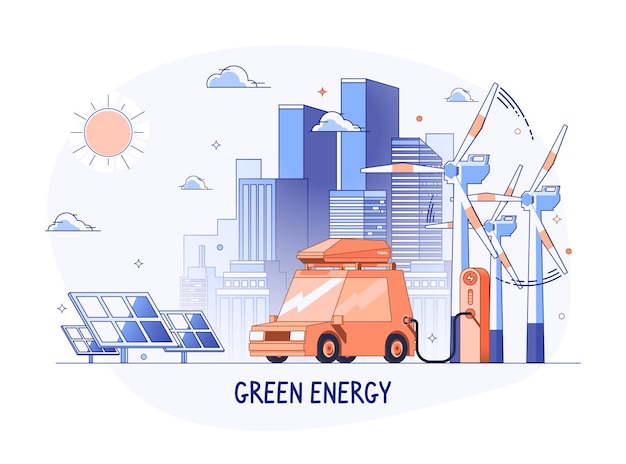 Elektroauto auf tankstelle. stadtbild mit sonnenkollektoren und windkraftanlagen. öko-haus, energieeffizientes haus, grünes energiekonzept-banner-design. flache artvektorillustration.