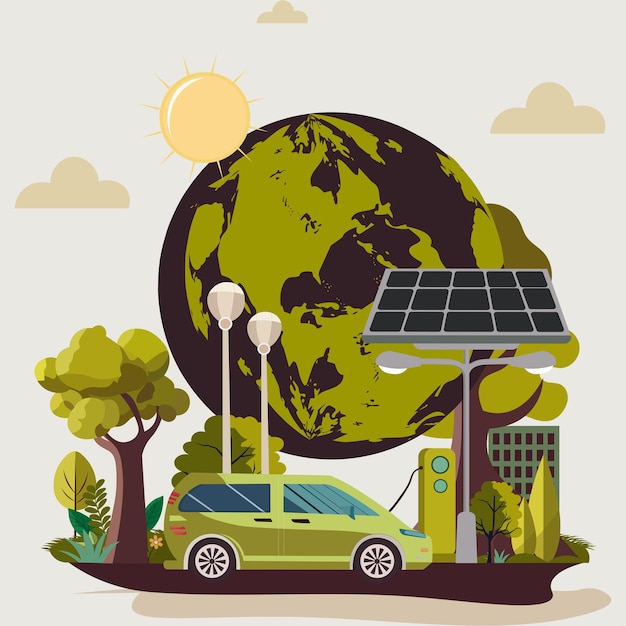 Vektor elektroauto, das an der station mit solarpanel auflädt, stehen straßenlaternen sonne erdkugel auf naturhintergrund ökosystem und tag der erde konzept