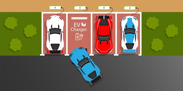 Elektrofahrzeuge an ladestationen ev-konzept öffentliche parkplätze vektorillustration