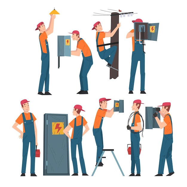 Elektroingenieure, die elektrische Ausrüstung reparieren und betreiben, elektrische Wartung, professionelle Dienstleister, Charaktere in Uniform, Zeichentrickfilm-Stil, Vektorillustration