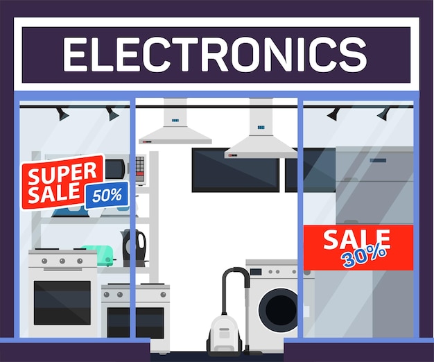 Elektronik verkauf banner vorlage sonderpreis angebot fünfzig prozent rabatt gebrauchsgüter großhandel werbeplakat haushaltsgeräte store front illustration