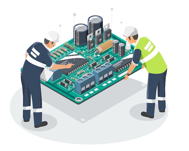 Elektronische fertigungskomponenten schaltungstechnik design koordinieren symbole konzept isometrisch