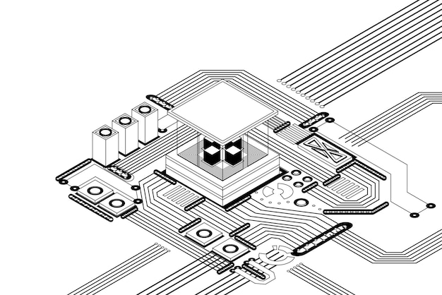 Elektronischer cpu-digitalchip monochrom prozessor und elektronische komponenten auf hauptplatine oder leiterplatte mikrochip- oder mikroprozessor-hardware-engineering ai blockchain-technologie isometrisch