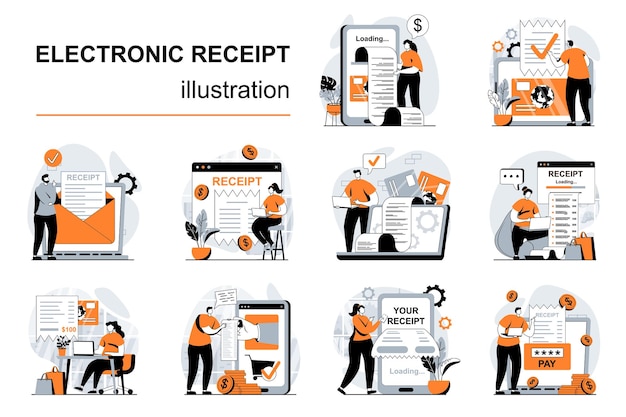 Elektronisches quittungskonzept mit personenszenen in flachem design visuelle geschichten zur vektorillustration