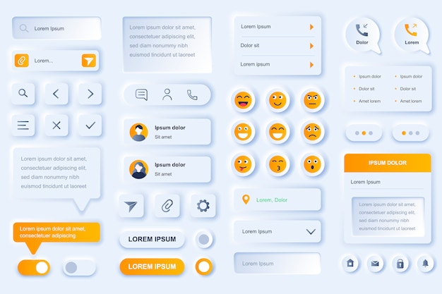 Elemente der Benutzeroberfläche für die mobile App eines sozialen Netzwerks. Online-Vorlagen für Kommunikation, Chatten und Messaging von Personen. Einzigartiges neumorphisches UI-UX-Design-Kit. Navigations- und SMS-Formular und Komponenten