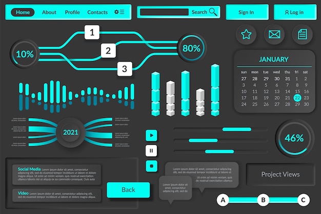 Elemente der Benutzeroberfläche. Futuristische virtuelle digitale grafische Benutzersteuerung, Website-Spielmenü-Panel. Web-UI-Schaltflächen, Tools und Diagramme, neonblaue Medienanzeige mit dunklem Hintergrunddesign-Vektor-Set