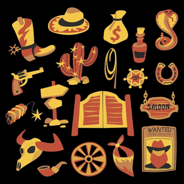 Elemente des wilden Westens in einem modernen flachen Stil auf schwarzer Vektorillustration Cowboy Boot Hat Saloon
