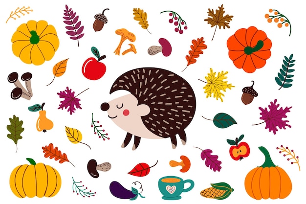 Elemente, die das Herbstkonzept darstellen, einschließlich Blätter und Ernte und Lebensmittelillustration