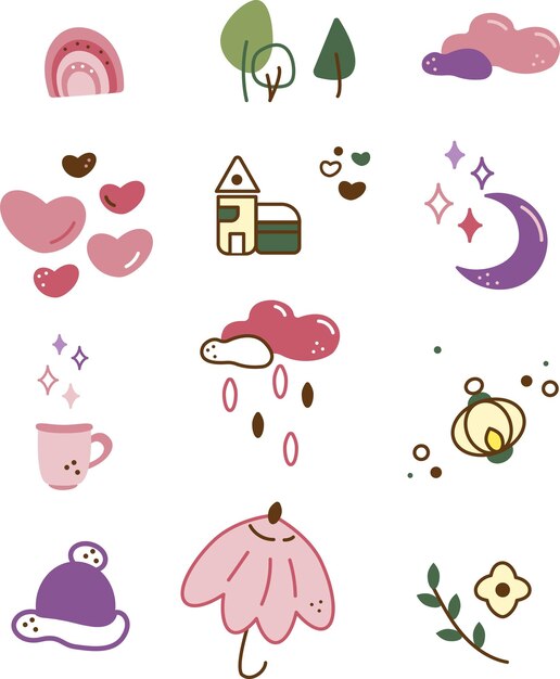 Elemente doodle set1 12 niedliche Elemente Cartoon-Farbvektorillustration
