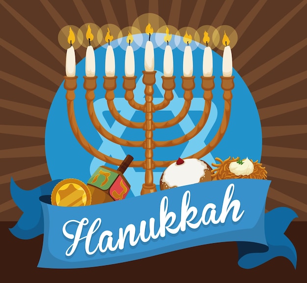 Vektor elemente für chanukkah chanukiah mit kerzen gelt münze dreidel sufganiyot und latke hinter band