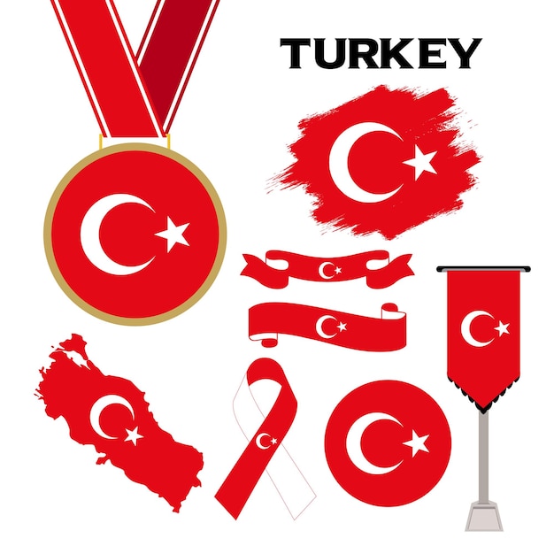 Elemente-sammlung mit der flagge der türkei-design-vorlage. türkei-flagge, bänder, medaille, karte