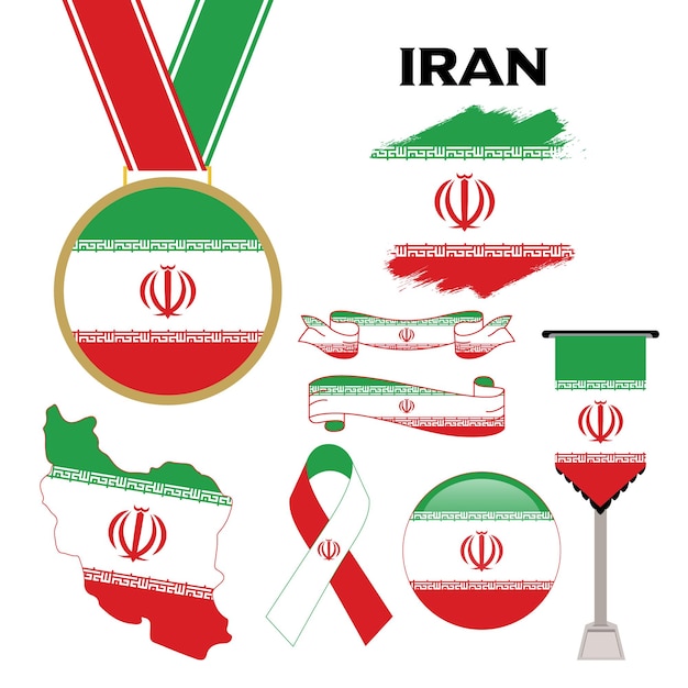 Elemente-Sammlung mit der Flagge des Iran-Design-Vorlage. Iran-Flagge, Bänder, Medaille, Karte, Grunge