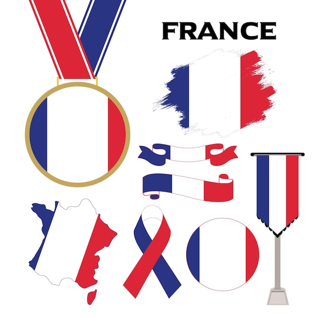 Vektor elemente-sammlung mit der flagge von frankreich-design-vorlage. frankreich-flagge, bänder, medaille, karte