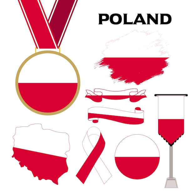 Elemente-Sammlung mit der Flagge von Polen-Design-Vorlage. Polen-Flagge, Bänder, Medaille, Karte