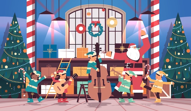 Elfen mit Musikinstrumenten Sankt-Helfer-Team, das Gitarre und Trompete spielt Frohes neues Jahr Weihnachtsfeier