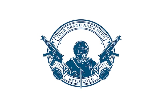 Elite Army Force Navy Soldier mit Sub Machine Gun und Granate für Military Badge Emblem Label Logo Design Vector