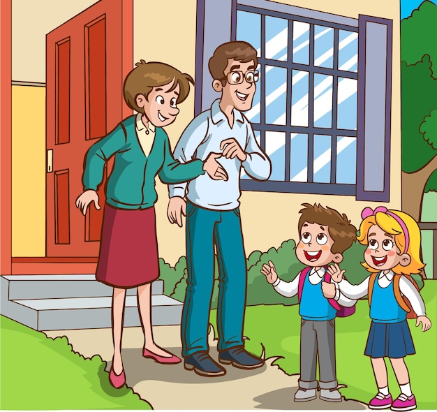 eltern, die ihre kinder zum schulkarikaturvektor schicken