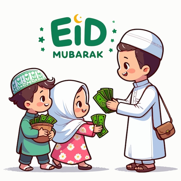 Eltern geben ihren Kindern Salami und wünschen sich gegenseitig Eid Mubarak.