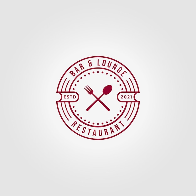 Emblem bar lounge restaurant löffel gabel logo symbol vintage line art vector illustration design
