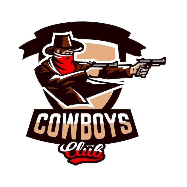 Vektor emblem-logo-cowboy, der aus zwei revolvern schießt wilder westen ein schläger texas ein räuber ein sheriff ein verbrecher ein schild vektorillustrationsdruck auf t-shirts