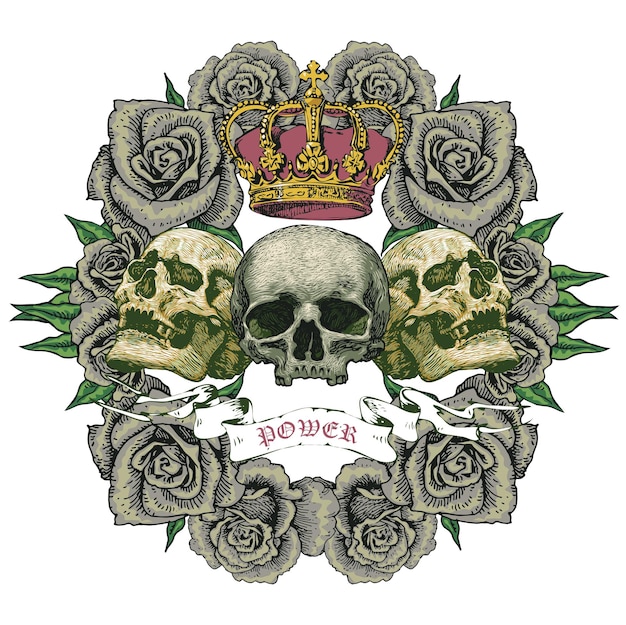 Vektor emblem mit totenköpfen und rosen im bild des königlichen wappens im stil der kunsttätowierung