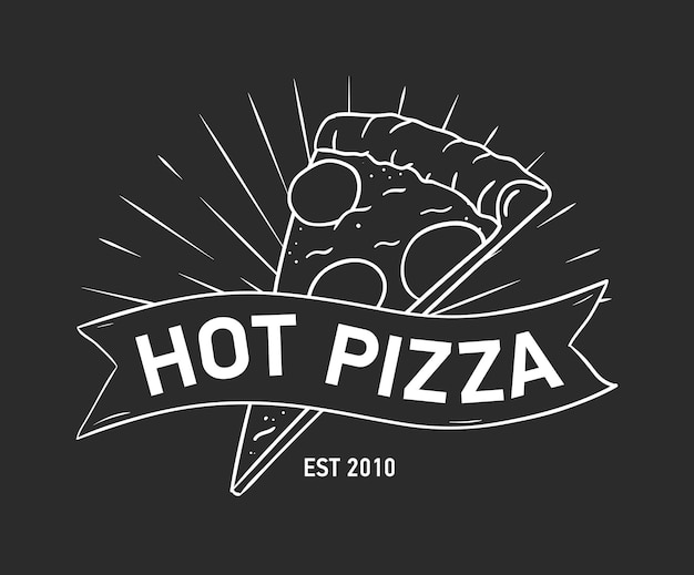 Emblem oder logo mit pizzastück und band, band oder streifenhand gezeichnet mit konturlinien auf schwarzem hintergrund