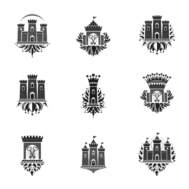 Vektor embleme der alten festungen gesetzt. heraldisches wappen, sammlung von vintage-vektorlogos.