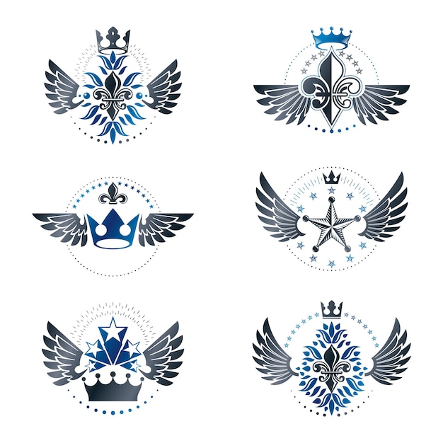 Embleme für alte kronen und militärsterne. sammlung heraldischer vektordesign-elemente. etikett im retro-stil, heraldik-logo.