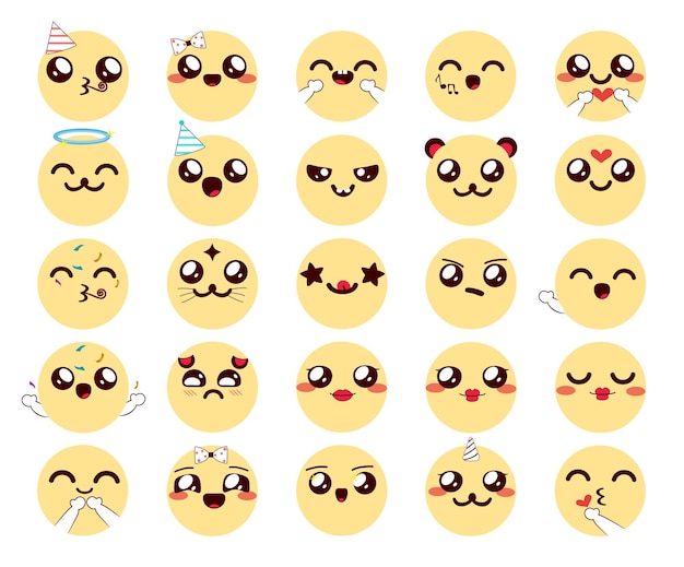 Emoji-chibi-zeichen-vektorset kawaii-emojis-sammlung mit süßen gesichtsausdrücken in gelb