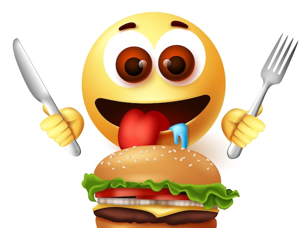Emoji, das Hamburger-Charaktervektordesign isst Emojis hungerndes Emoticon