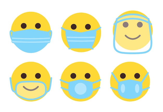 Vektor emoji-flache symbole gesetzt. nette gelbe gesichter mit schützender chirurgischer medizinischer maske